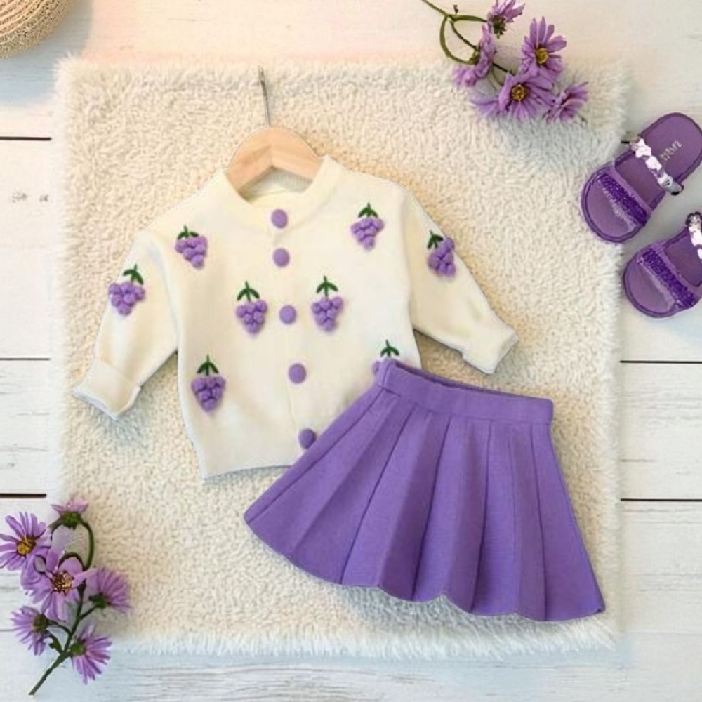 Spring Autumn Girls Grape Pom Pom Longsleeve Cardigan & Pleated Knit Skirt 2Pcs.